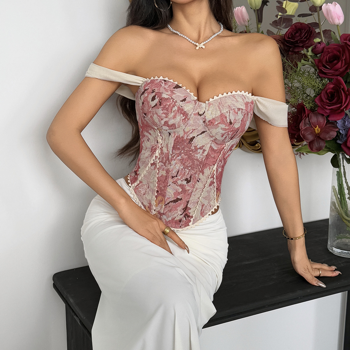 Vintage Corset Top - Womens Floral Off-Shoulder Corset With Lace Trim Design